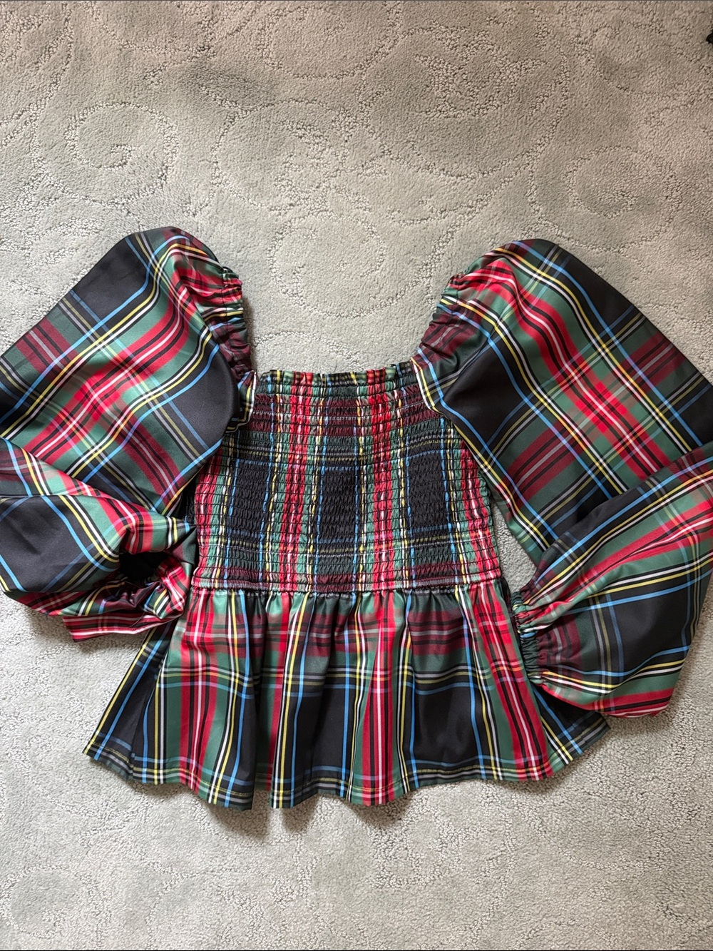 J. Crew Black Multi Plaid Puff-Sleeve Smocked Peplum Top